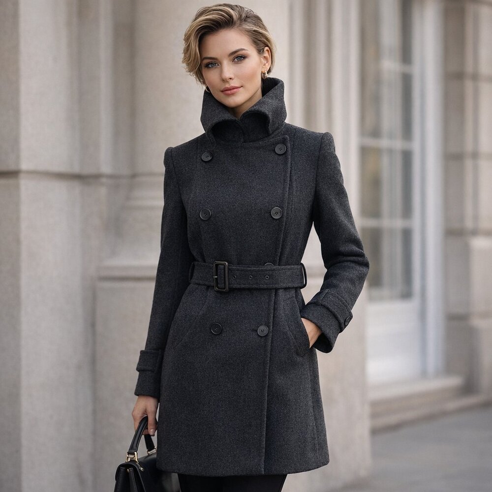 Like new JACOB Wool Structured Classic Double-Breasted Grey Belted Pea Coat